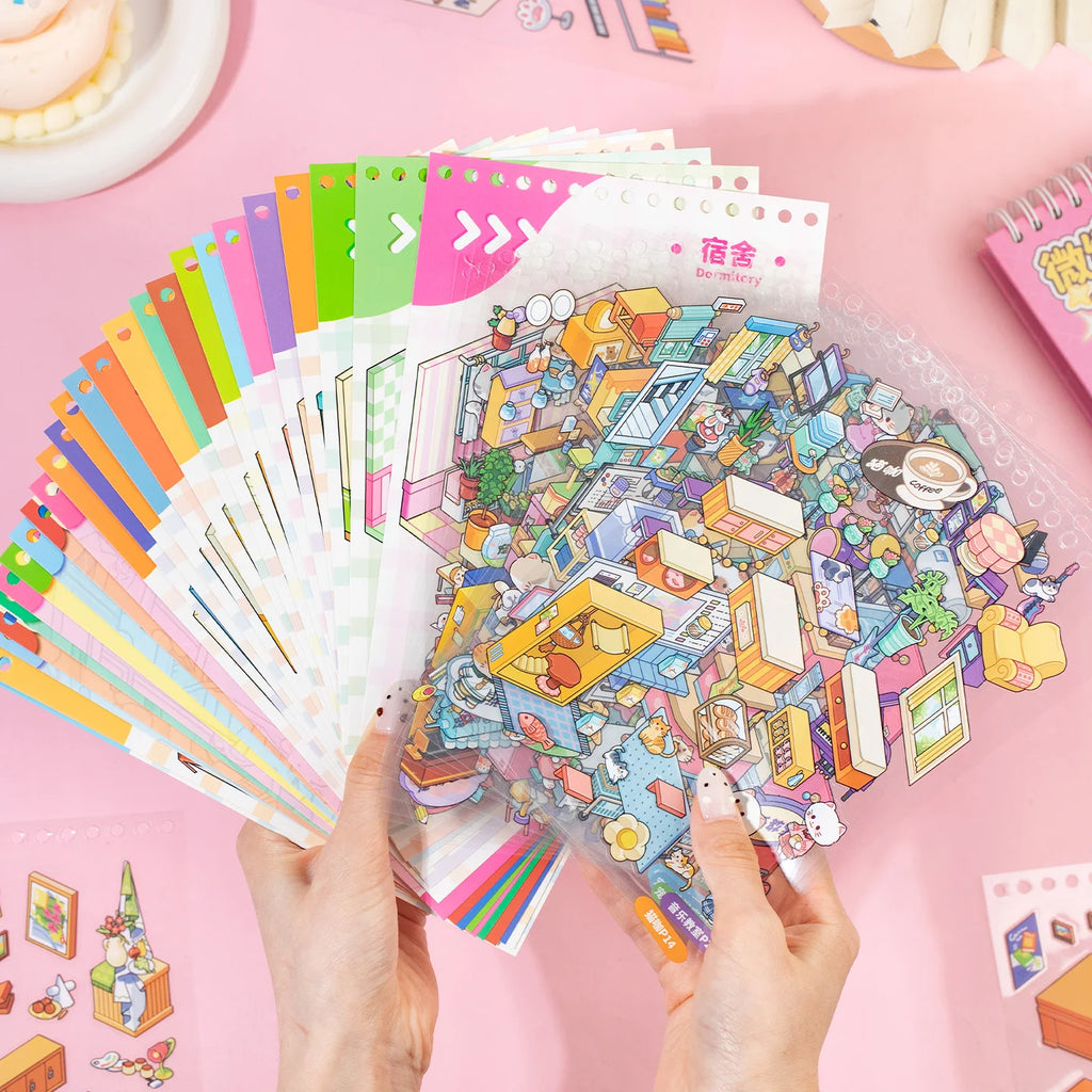 45 Sheets/BK Cute Cat Miniature 3D Diorama Coil Sticker Book for DIY Scrapbooking Phone Case Notebook Decoration Qme