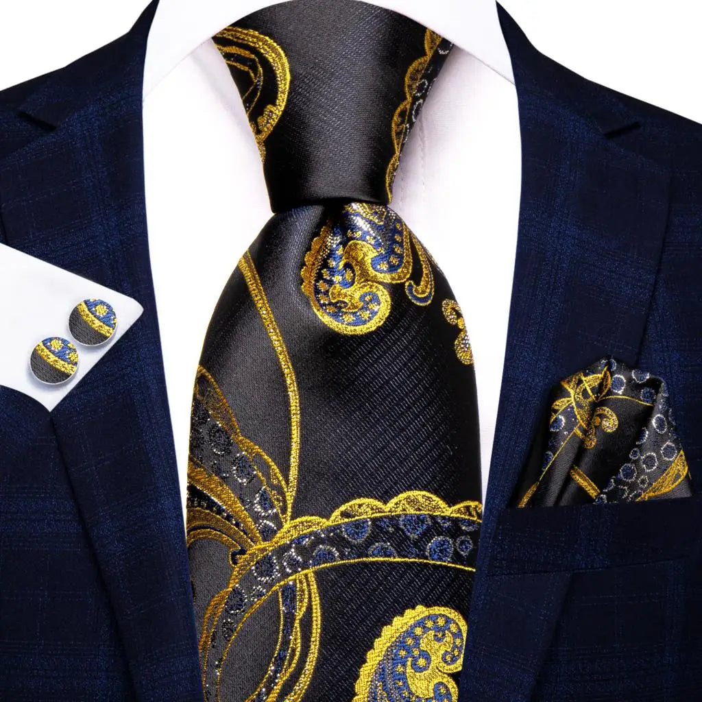 Hi-tie Psialey Black Gold Silk Elegant Tie Men Groom Wedding Necktie