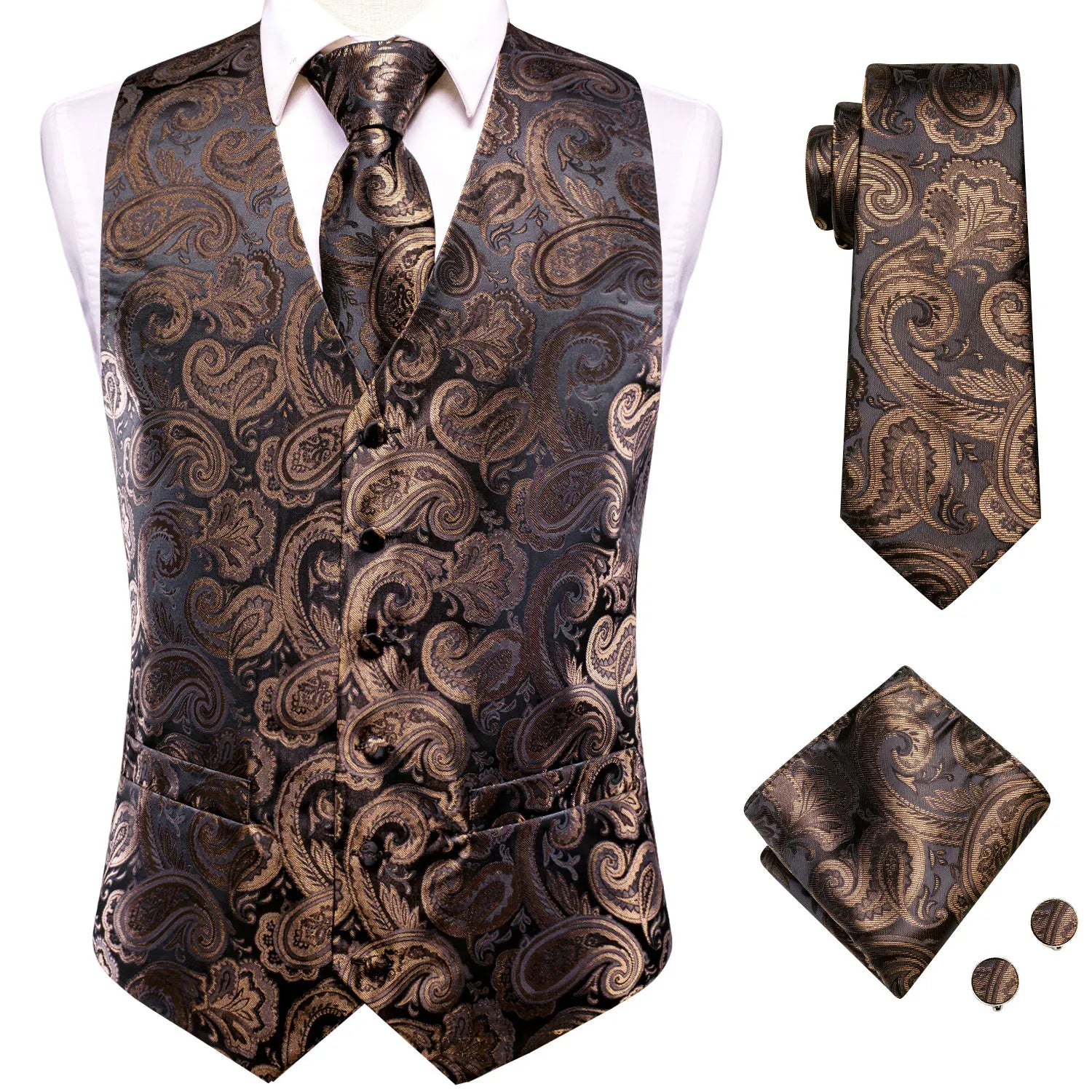V-neck Waistcoat 4 Men Vest Tie Pocket Square Cufflinks Business Qme MJTZ3041 XXXL