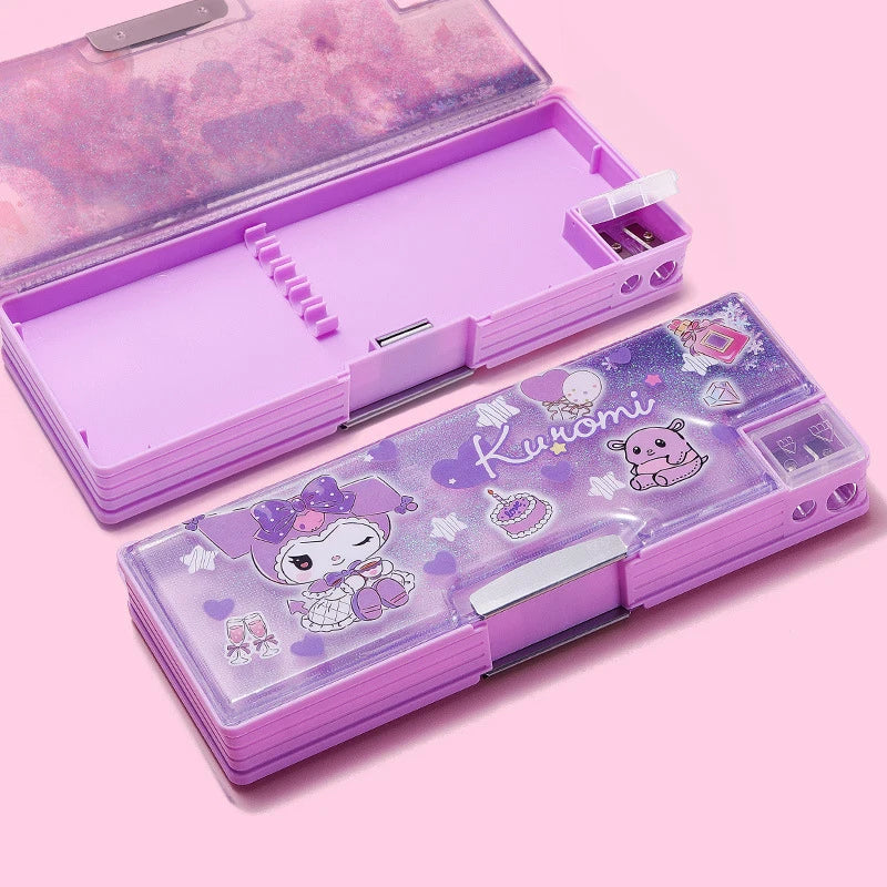 Kuroomi Pencil Case, Student Double-Sided Magnetic Clasp Pencil Case, Melody Cartoon Pencil Sharpener, Flowing Sand Pencil Case Qme