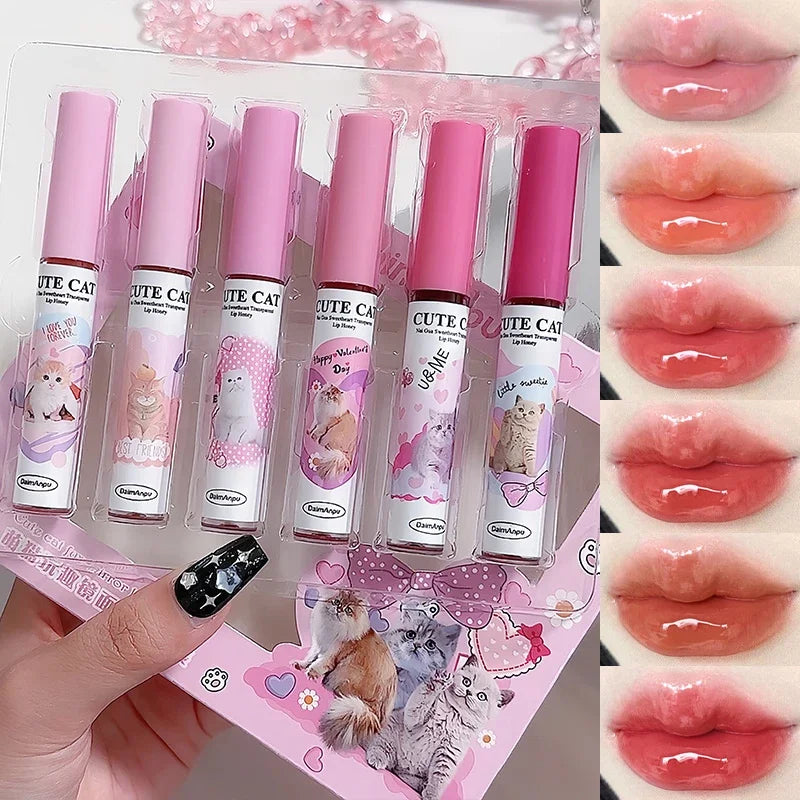 6Pcs/set Cute Cat Mirror Water Lip Gloss Set Red Tint for Lips Makeup Long Lasting Glass Lip Glaze Waterproof Lipstick Kit Qme 6PCS