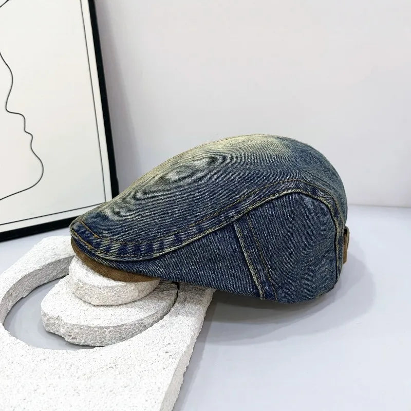 Retro Washed Denim Beret Casual Turnback Cap Big Heads Face-slimming Qme Dark Blue