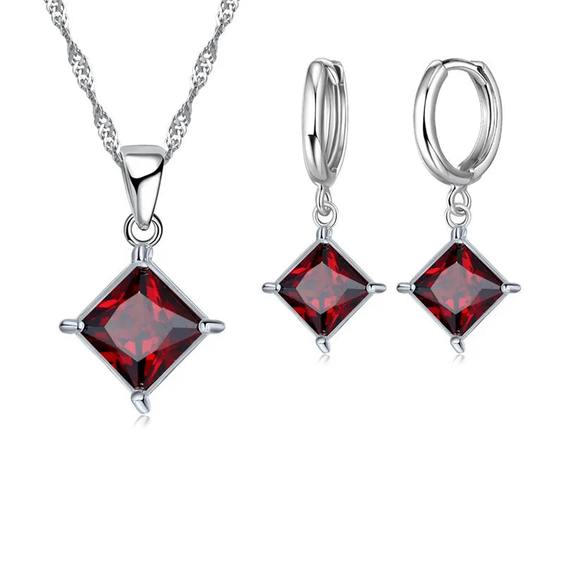 Authentic 925 Sterling Silver Color CZ Geometric Classic Square Huggie Earrings Necklace Sets for Women Fine Jewelry Qme