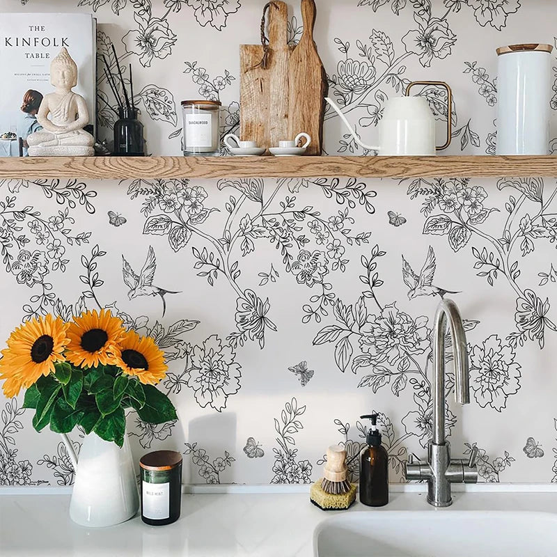 Black White DIY Floral Wallpaper Peel Stick Contact Paper Flowers Qme