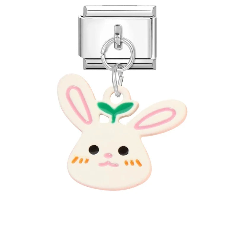 2025 Wholesale Cute Cartoon Rabbit Bear Pendant Italian Charm Links Fit 9mm Stainless Steel Bracelet Women DIY Making Jewelry Qme Style 18