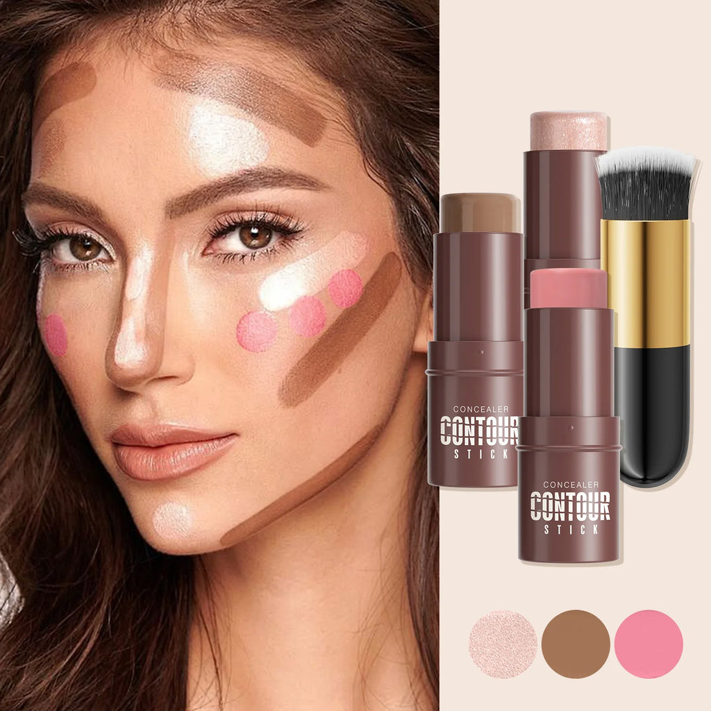 4-Piece Contour Stick Set with Highlighter, Blush & Bronzer Plus Golden Powder Brush - Waterproof Cream for All Tones, Shimmery. Qme