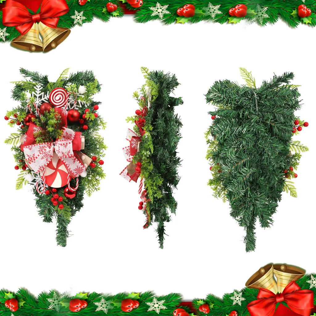 Christmas Candy Cane Wreath for Front Door Red White Xmas Teardrop Swag Decorations Christmas Garland with Ball Bow Ornaments Qme