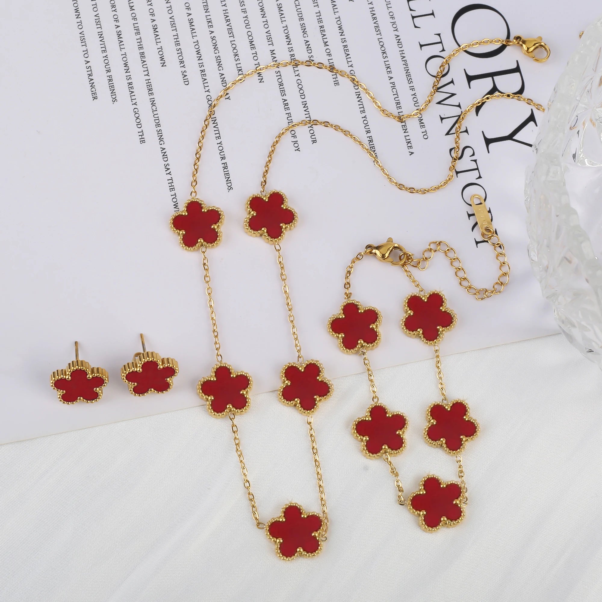 Classic Luxury Five Leaf Flower Jewelry Set High Quality Stainless Steel Bracelet Necklace Earrings Fashion Woman Clover Gift Qme Jewelry Set 5