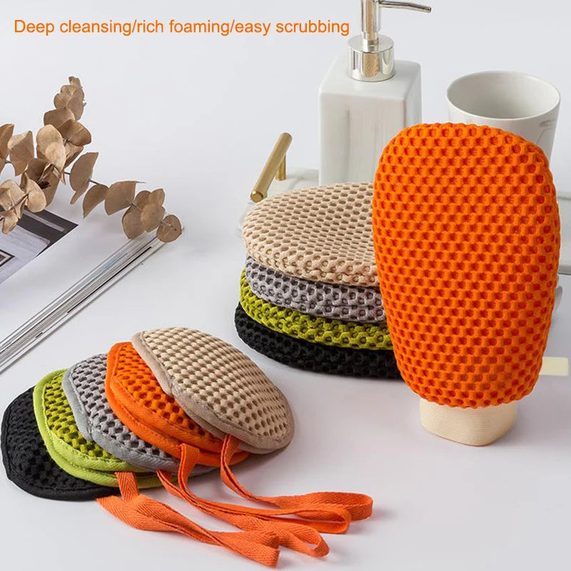 2-in-1 Bath Loofah Glove Double-sided Exfoliating Lathering Tool Soap Qme