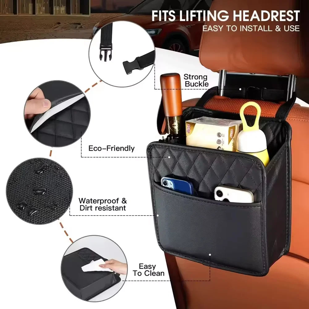 Multi-Function Leather Backseat Storage Bag Trash Can & Garbage Bag Holder Organizer for Most Car Models Qme