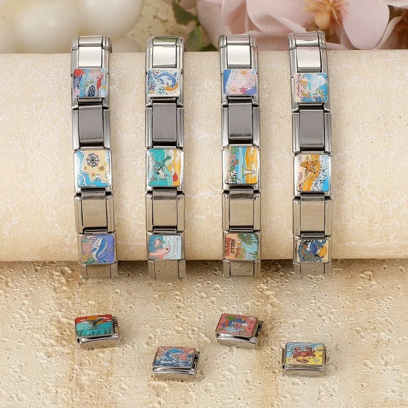 2026 New Summer Ocean Theme Crab Fish Italian Charms Link 9mm Golden Modular Bracelet Stainless Steel DIY Gift Jewelry Wholesale Qme