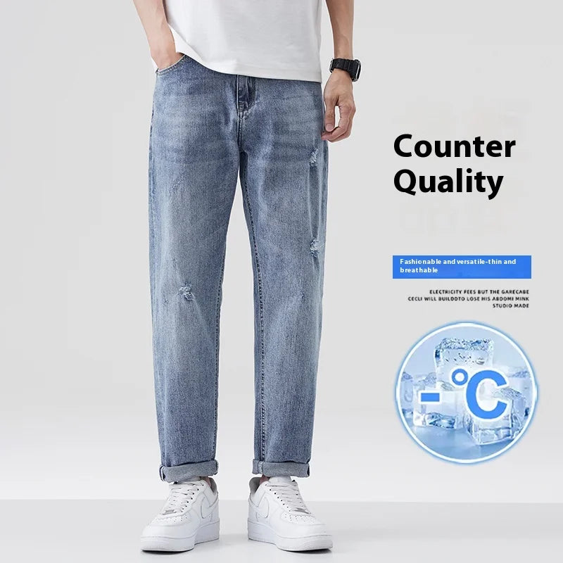 Light-washed Loose Fit Men's Straight Leg Casual Nine-point Jeans with Tapered Ripped Long Pants Stretchy Summer Qme Blue 33