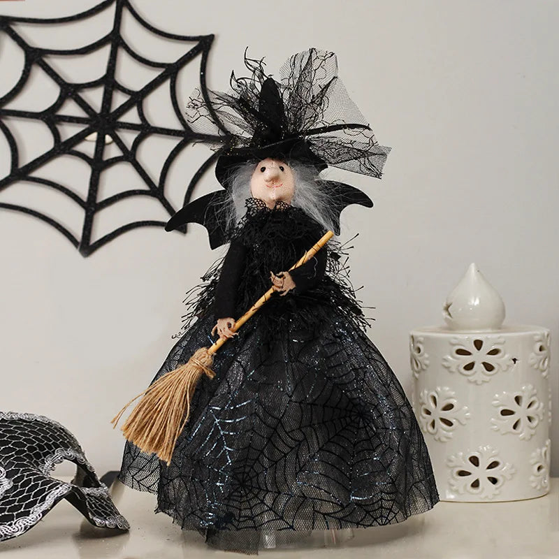 Halloween Broom Witch Doll Haunted House Doll Ornaments Black Spider Web Dress Witch Halloween Ghost Festival Decorate Props Qme