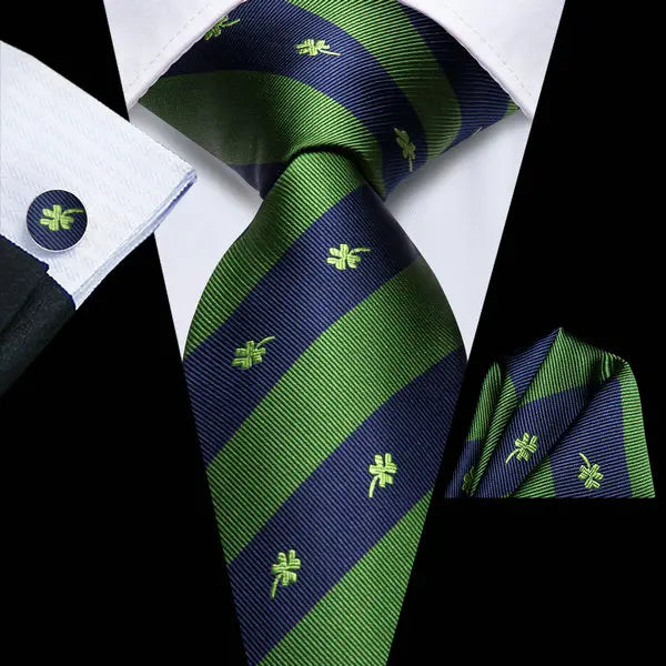 Hi-tie Four-leaf Clover Print Mens Necktie Green Wedding Tie Men Qme HT-LDSN0004