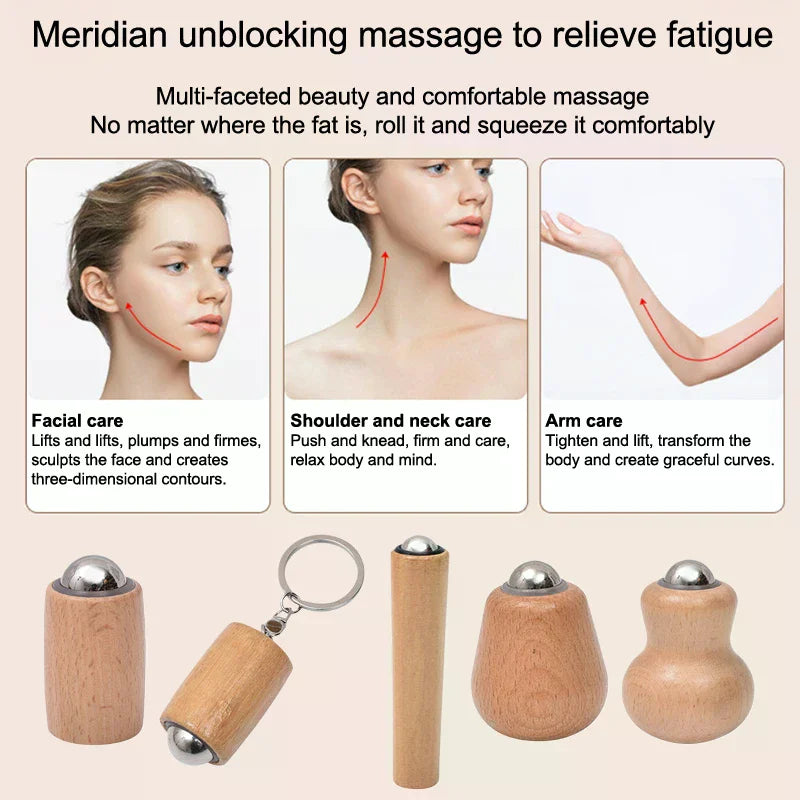 Wooden Facial Massage Roller Iron Ball Tools Mini Hand-held Massager Qme