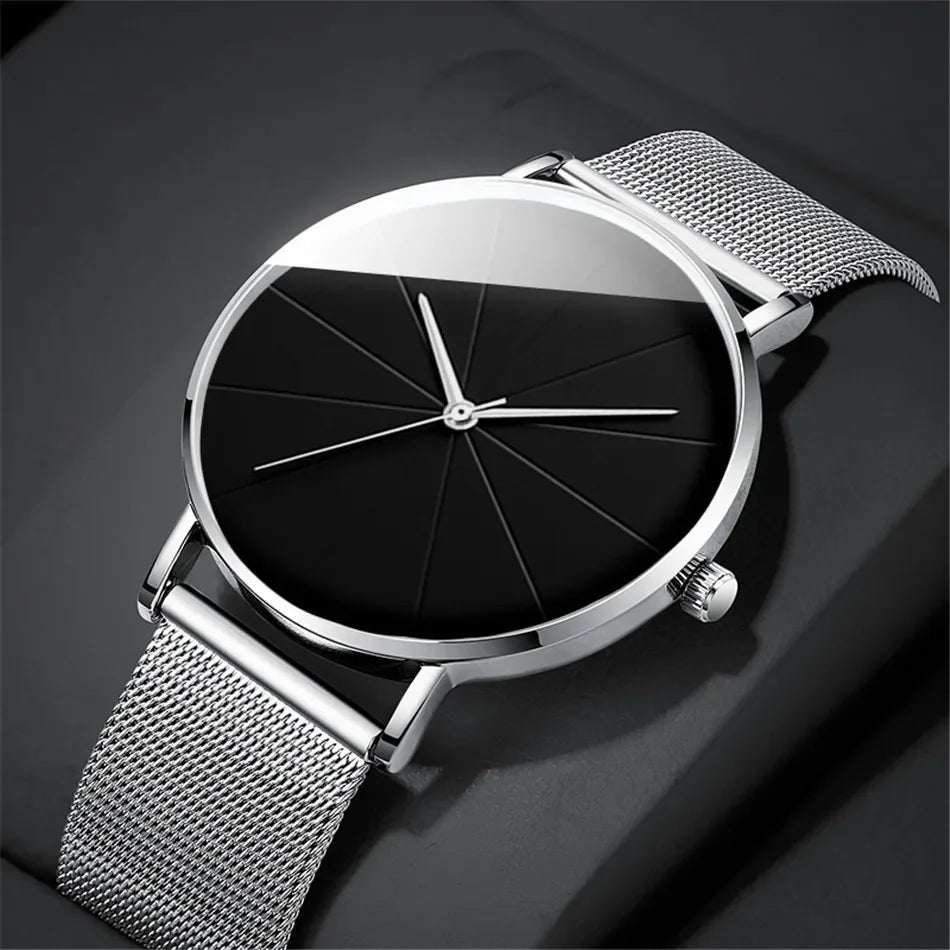 Casual Round Pointer Quartz Watch Large Geo Dial Analog Mesh Strap Wristwatch For Women Men Qme