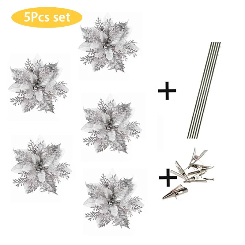 5PCS Glitter Poinsettia Artificial Xmas Flowers Ornaments for Christmas Tree Decorations Fake Flowers Head Christmas Decoration Qme Silver Set 5pcs