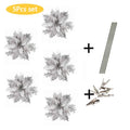 5PCS Glitter Poinsettia Artificial Xmas Flowers Ornaments for Christmas Tree Decorations Fake Flowers Head Christmas Decoration Qme Silver Set 5pcs