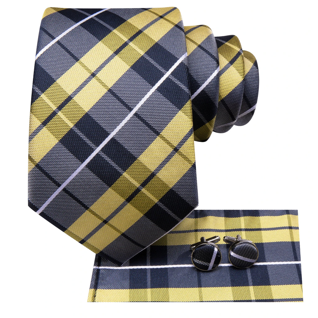 Hi-tie Lemon Yellow Grey Checks Plaids Tie Men Elegant Necktie Pocket Qme
