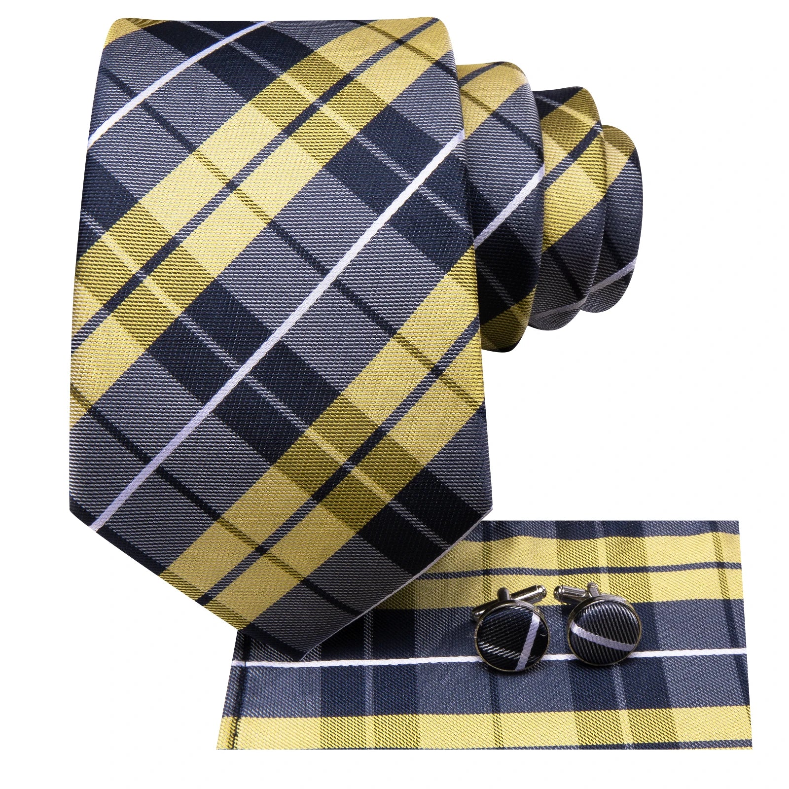 Hi-tie Lemon Yellow Grey Checks Plaids Tie Men Elegant Necktie Pocket Qme
