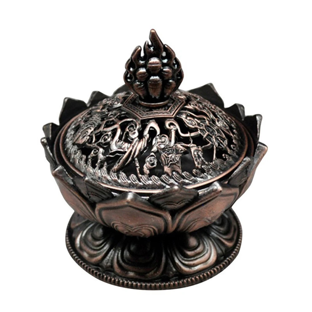 Lotus Flower Incense Burner Buddhism Buddha Holder Brass Mini Sandalwood Censer Incense Metal Craft Home Decoration Qme Red bronze