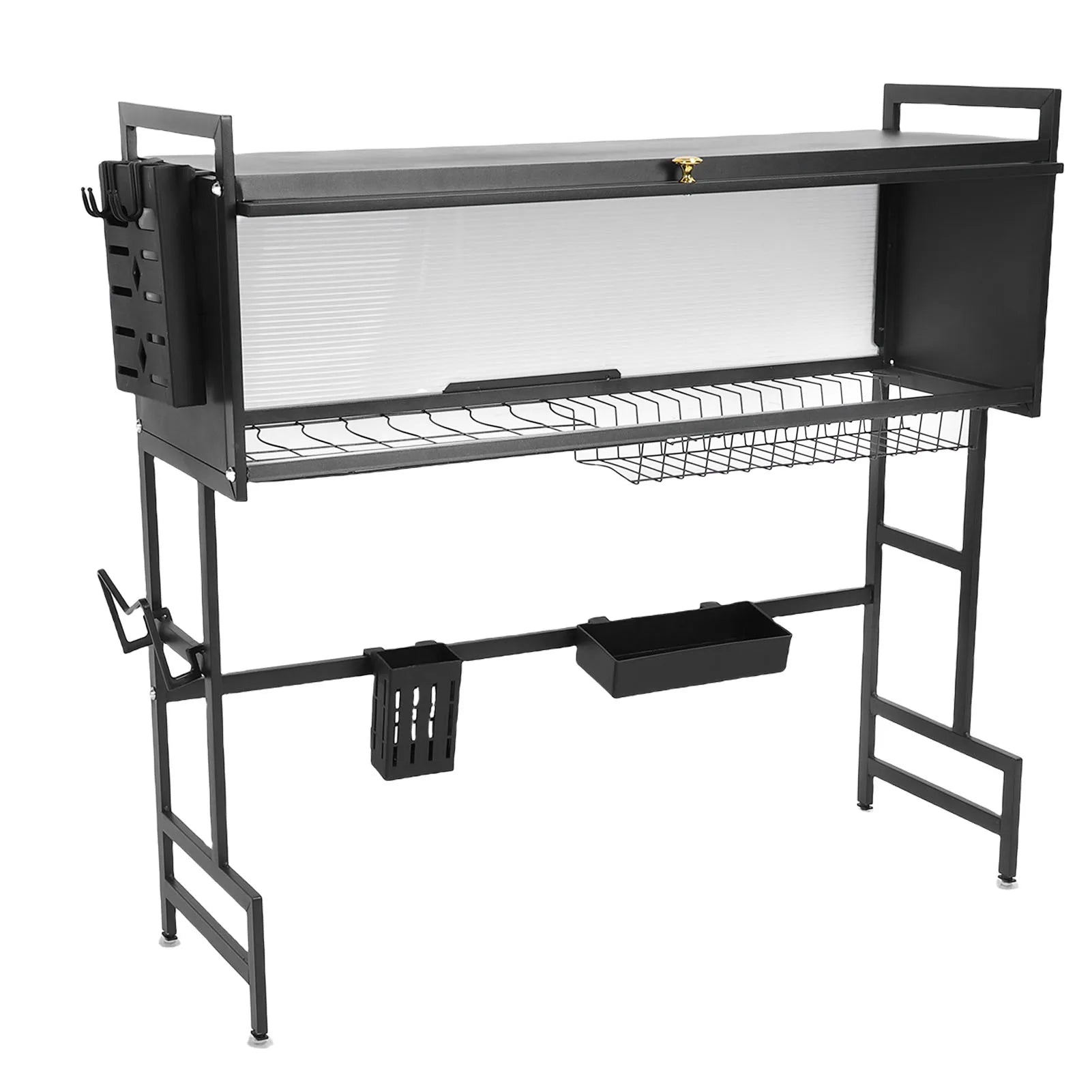 Kitchen Sink Rack Carbon Steel Space Saving 2 Tier Above Kitchen Sink Dish Drying Drainer Rack with Cover for Kitchen Qme