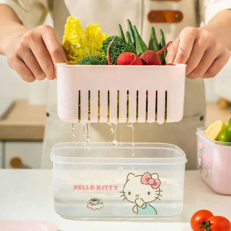 Hello Kitty Kuromi Kitchen Food Storage Containers Vegetable Washing Basin and Drain Basket Plastic Fruit Bowl for Home Use Qme