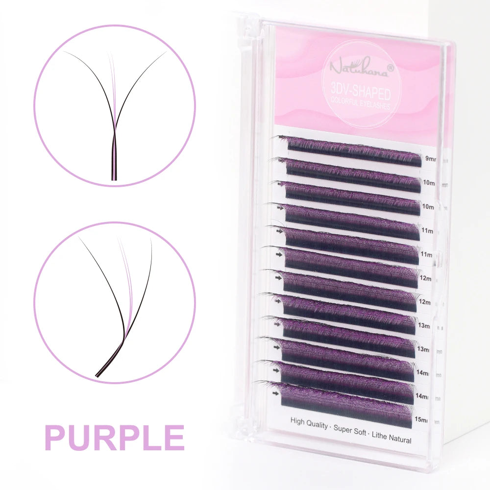 NATUHANA Colorful 3D W-shape Lashes Premade Volume Fan Lash Qme Purple D 0.07mm|Mix9-15mm