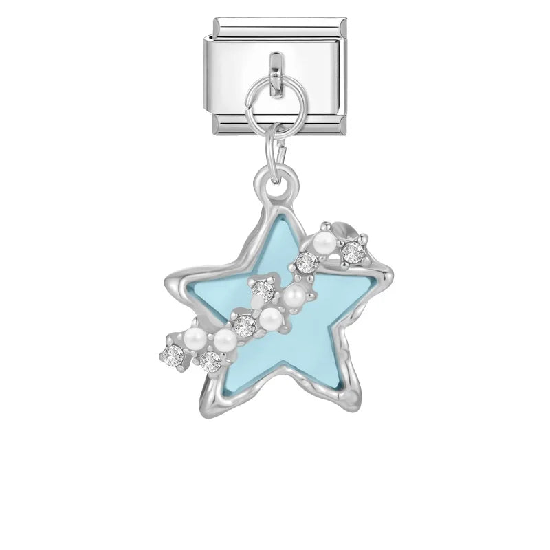 Fashion Blue Sereis Star Pearl Moon Butterfly Italian Charm Links Fit 9mm Stainless Steel Bracelet Women Jewelry DIY Making Gift Qme Style 14