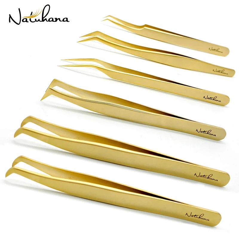 NATUHANA Anti-static Eyelash Extension Tweezer Gold Stainless Steel Qme