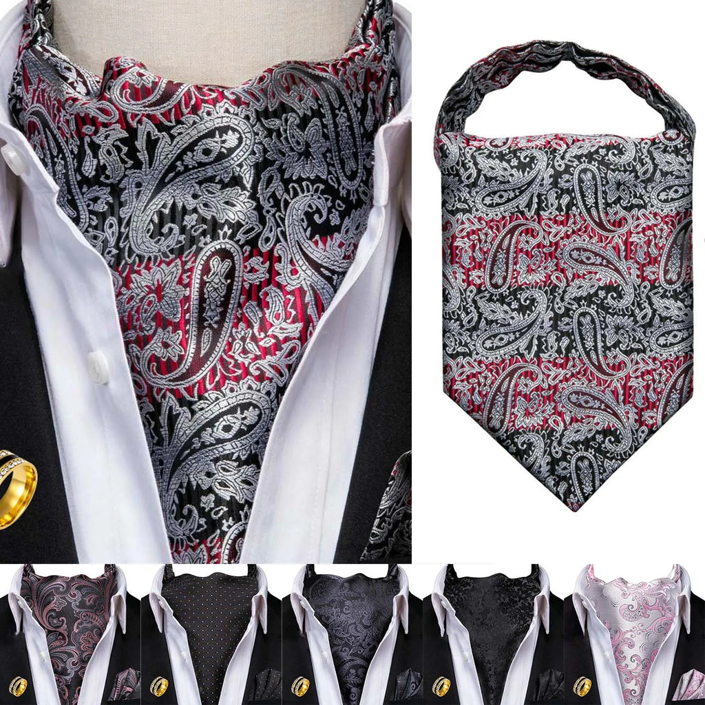 Ascot Tie Set, Classic Cravat with Pocket Square & Decorative Ring, Fashion Men's Neck Accessories Wedding Party silk Daily Wear Qme