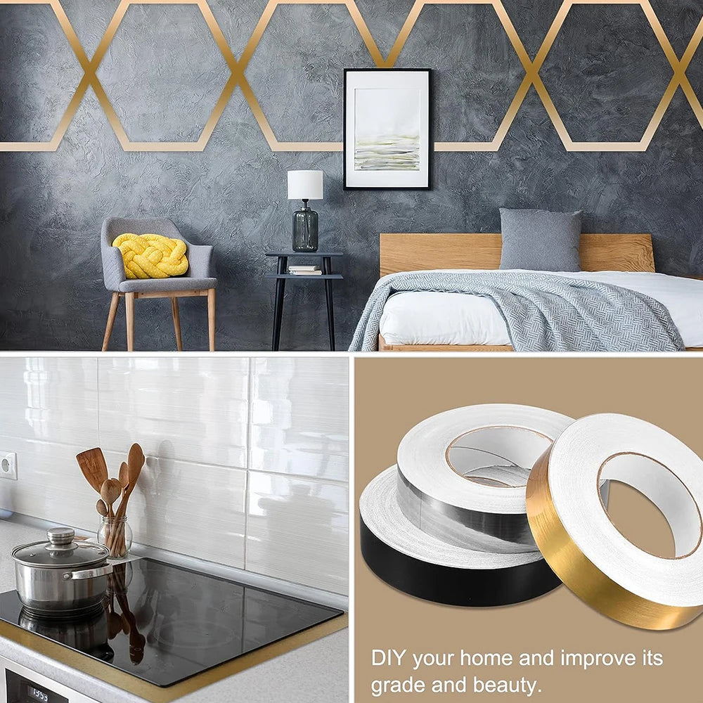 50M Self-Adhesive Tile Beauty Seam Sticker Tape 0.5/1cm Width Waterproof Gold Foil Lines Floor Wall Gap Decor Seal Strip Tape Qme