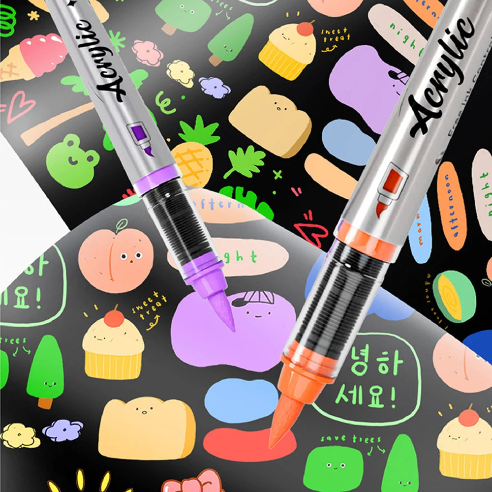 Acrylic Paint Pens Set 12 Pcs Brush Tip Acrylic Paint Pens Set for Artist Creation DIY Handcraft General Painting Stationery Qme