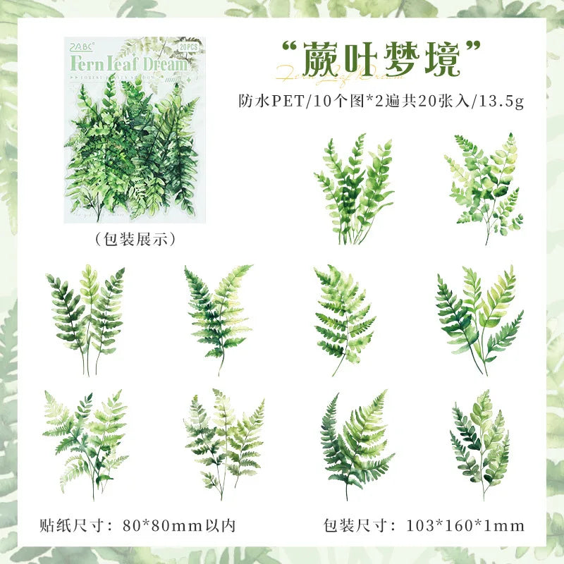 Vintage Green Leaf Flower Sticker Package,Notebook Decorative Stickers For Scrapbooking Label,Diary Sticker,Aesthetic Stationery Qme B-20 sheets in