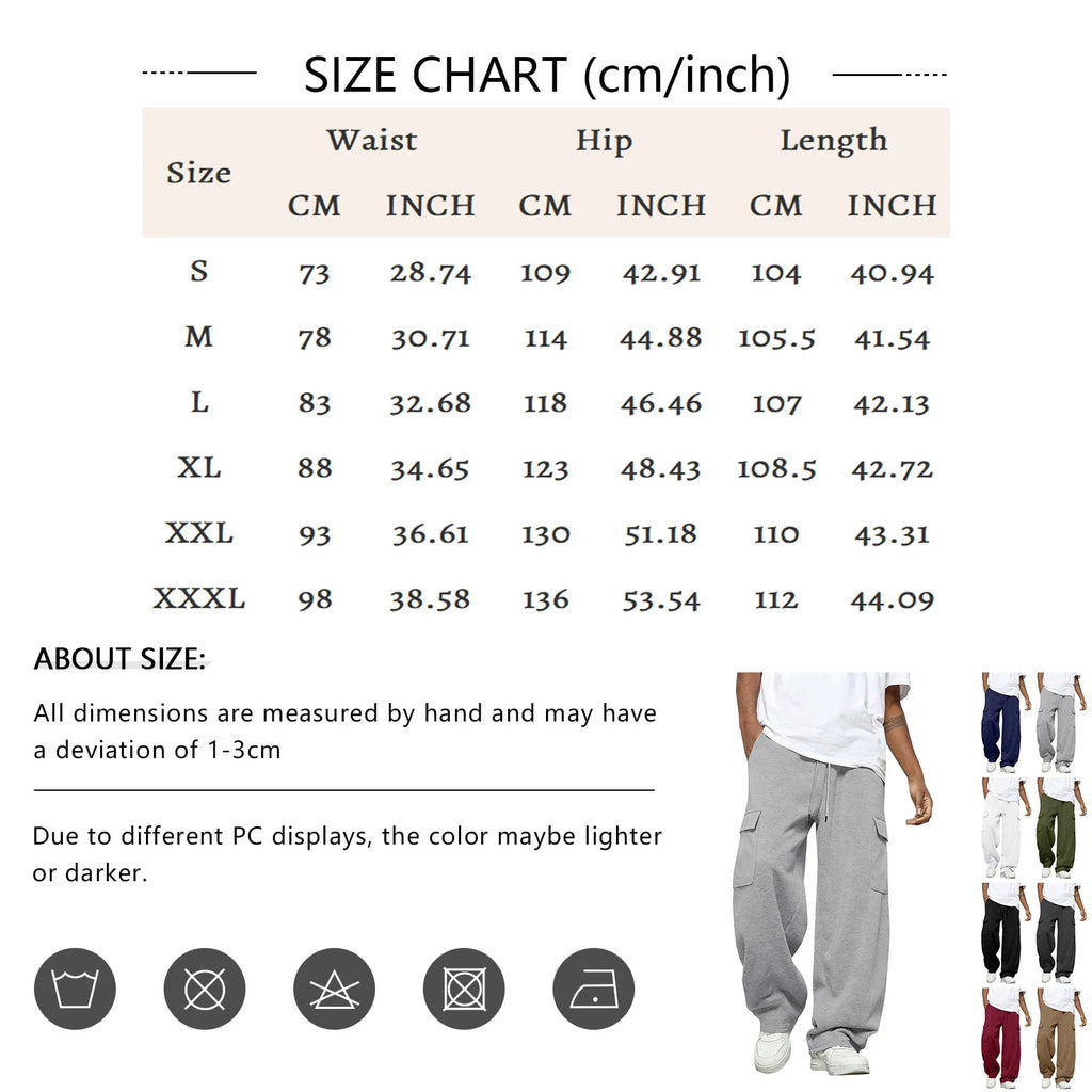 Male Basic Baggy Solid Wide Leg Sweatpants Fashion Daily Versatile Drawstring Elastic Waist Trousers Sports Hiking Comfy Pants Qme