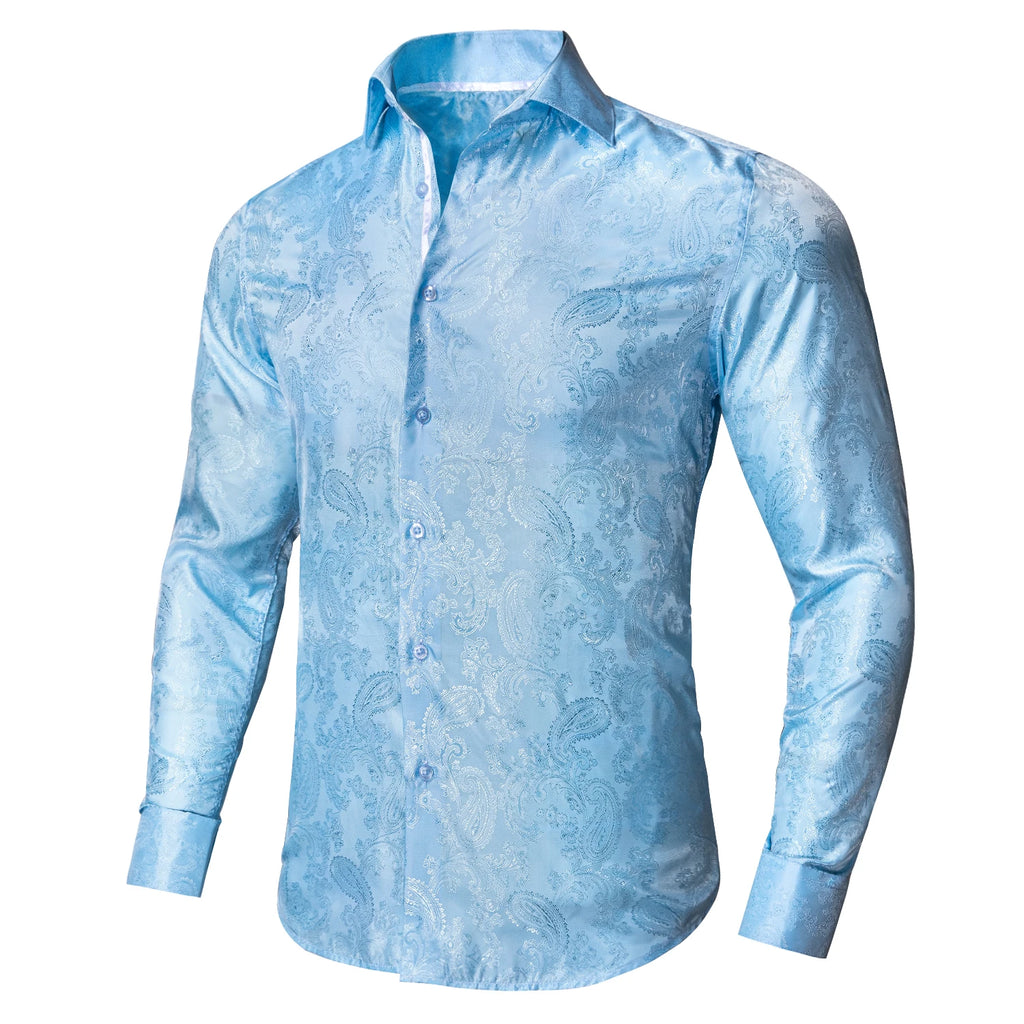 Hi-Tie Jacquard Paisley Light Blue Mens Shirt Long Sleeve Lapel Shirt Blouse Outerwear Wedding Office Breathable Quality Qme