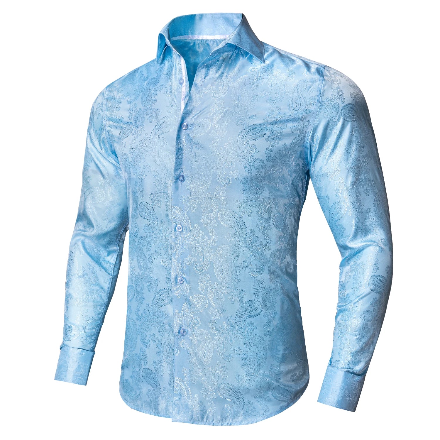 Hi-Tie Jacquard Paisley Light Blue Mens Shirt Long Sleeve Lapel Shirt Blouse Outerwear Wedding Office Breathable Quality Qme