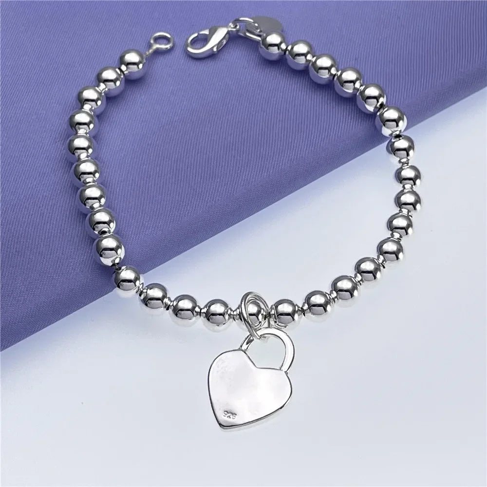 New 925 Sterling Silver Charm 6MM Beads Chain Heart Bracelet for Women Fashion Party Wedding Jewelry Couple Gifts Qme