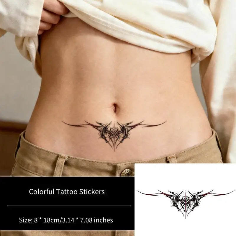 Dark Black Line Tattoo Sticker Temporary Tattoo Waterproof Long-Lasting Sexy Symmetrical Pattern Couple Fake Tattoo for Qme