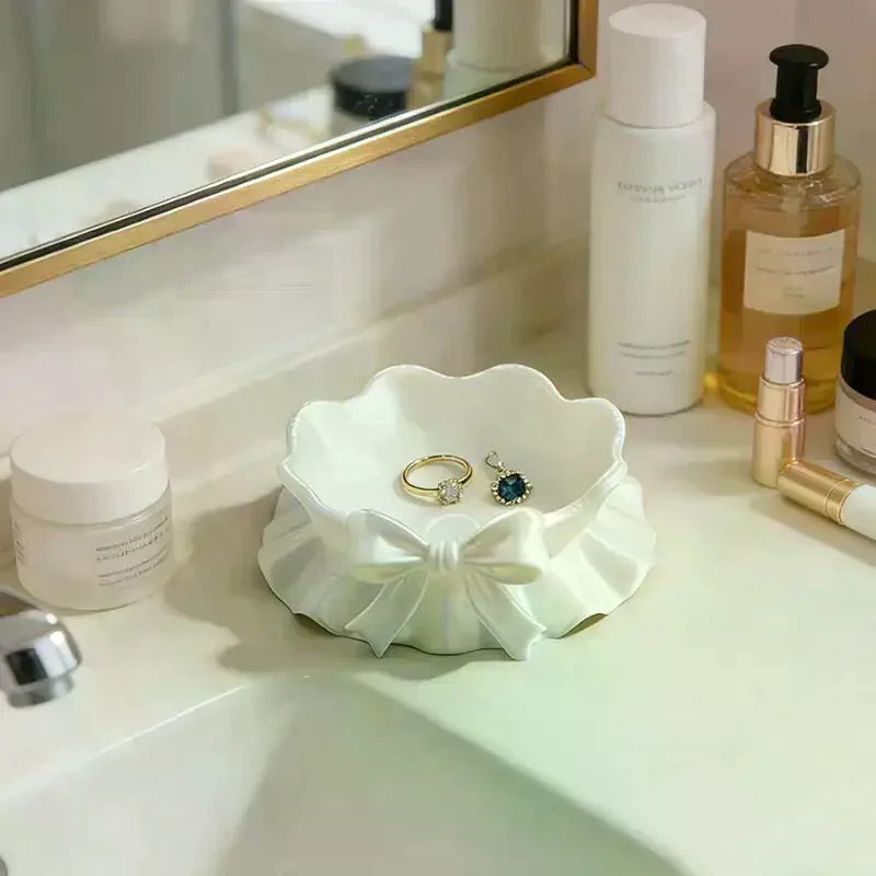 3D Printed White Bow Storage Tray, Girly Cute Jewelry Organizer Dish Home Vanity Table Decor Qme