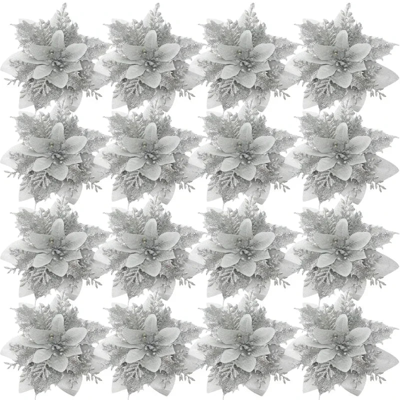 Christmas Red Gold Glitter Flowers Artificial Poinsettia Flower for Xmas Tree Ornaments Navidad New Year Party Home Decoration Qme Silver 50PCS