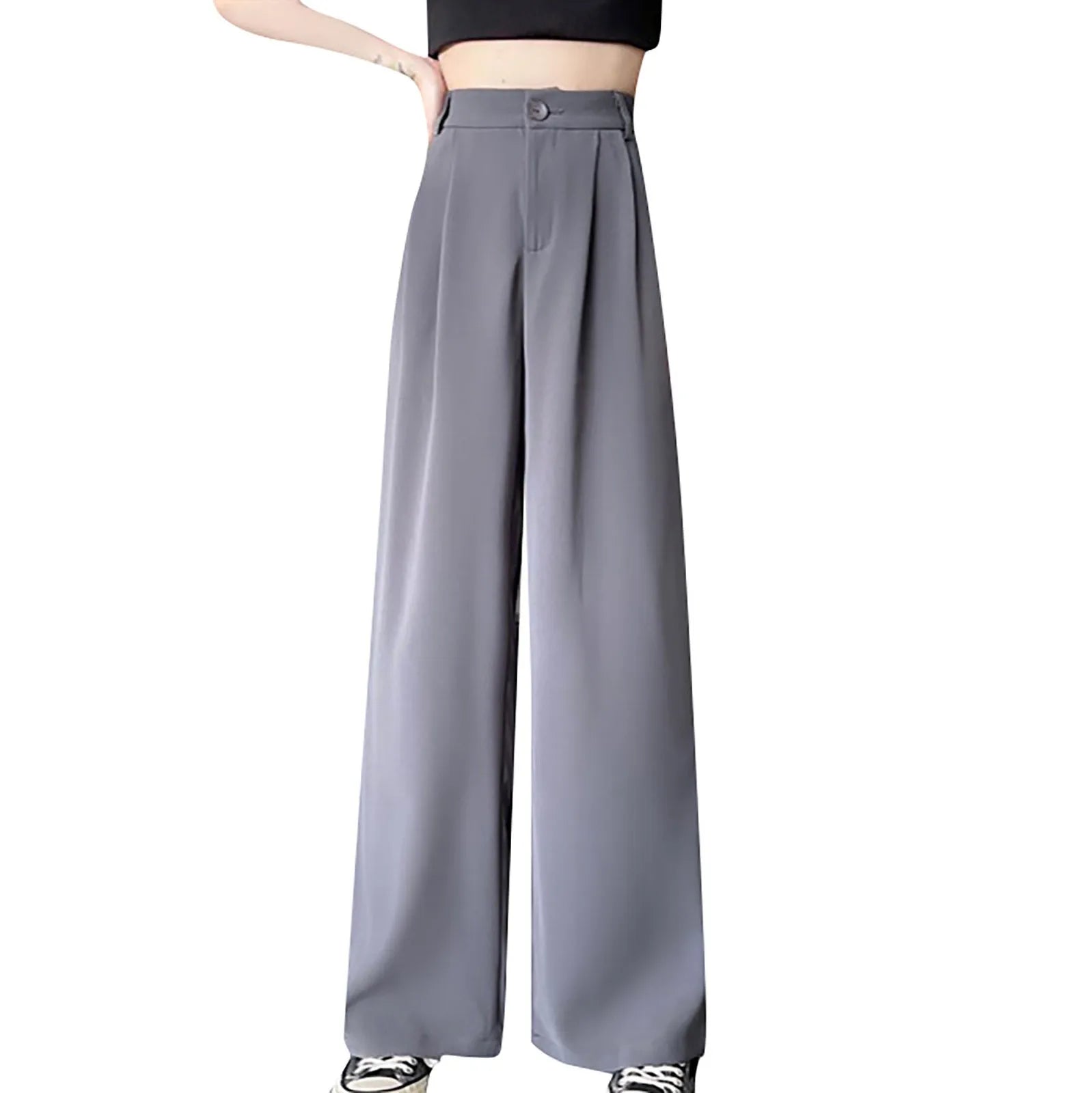 Solid Color High Waist Casual All-match Spring And Summer Daily Basic Commuting Suit Fabric Wide-leg Straight Pants For Ladies Qme Light Gray XL
