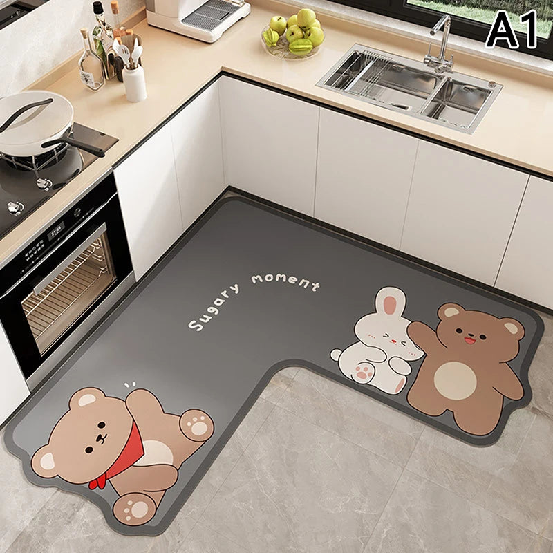 L-shape Absorbent Kitchen Floor Mat Long Diatomite Rug Soft Washable Qme A1
