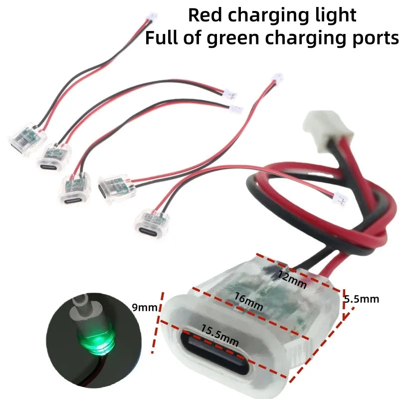5/10Pcs Waterproof USB-C Power Port Female Connectors Transparent 2Pin USB Type-C With LED Lights Input Type Charging Socket Qme B 5pcs
