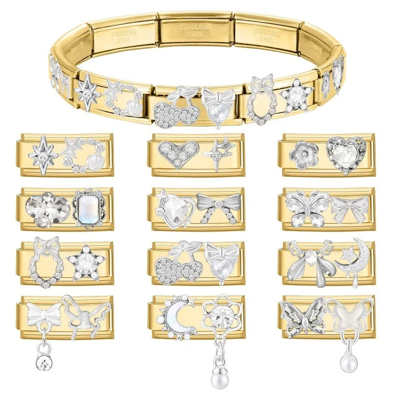 New Fashion Gold Color Cute Bows Garland Big Zircon Stars Hearts Italian Charm Links Fit 9MM Stainless Steel Bracelet DIY Making Qme