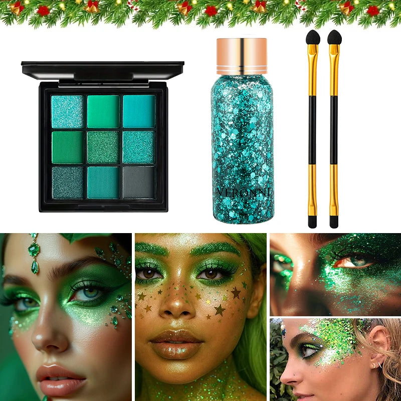 9 Colors Green Eyeshadow Palette Glitter Gel Brushes Matte Shimmer Qme
