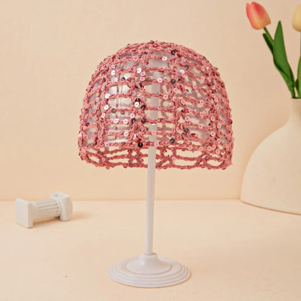 Retro Elegant Hollowed Out Knitted Hat Thin Solid Crochet Sequined Qme Pink