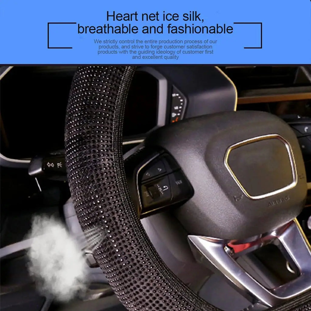 Universal Steering Wheel Cover with Black Crystal Rhinestones Car Breathable Anti-Slip Wheel Protector Fit 14.2-15 inch Qme