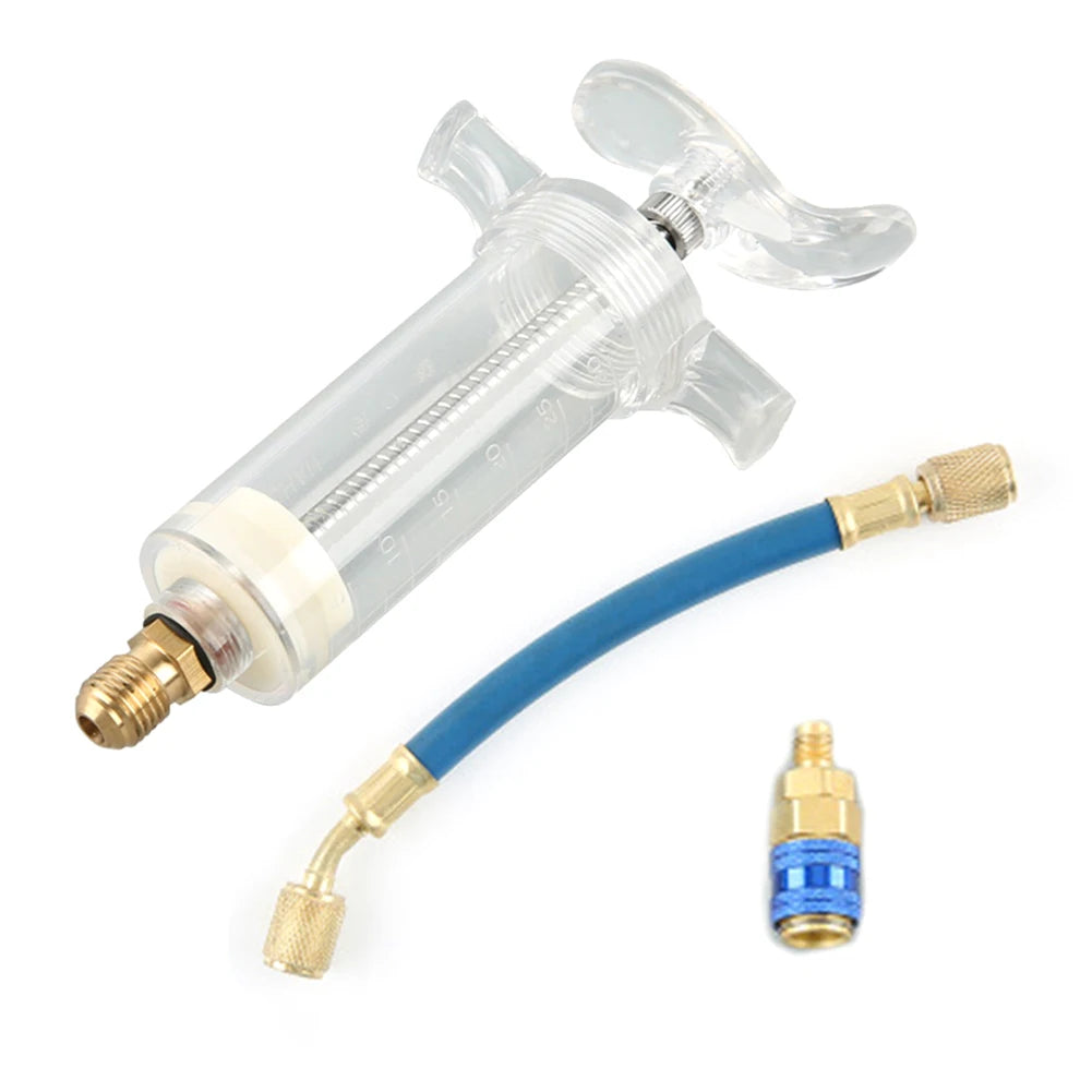 Car A/C Oil and Dye Injector 30ml with R-134a Low Side Quick Coupler Adapter 1/4" SAE Coolant Filling Tube Injection Tool Qme
