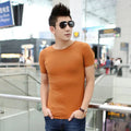 Men's Summer Slim Fit Solid Color Short Sleeve T-Shirt White Elastic Basic Undershirt Qme Brown